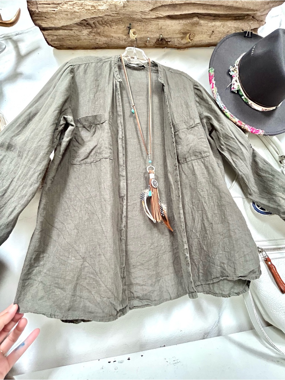 Zara Linen Olive Green Lightweight boho shirt w resort vacay beach country vibe - Picture 8 of 15